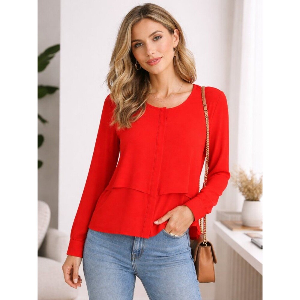 Parker Silk Layered Collarless Button Up Blouse in Red XS